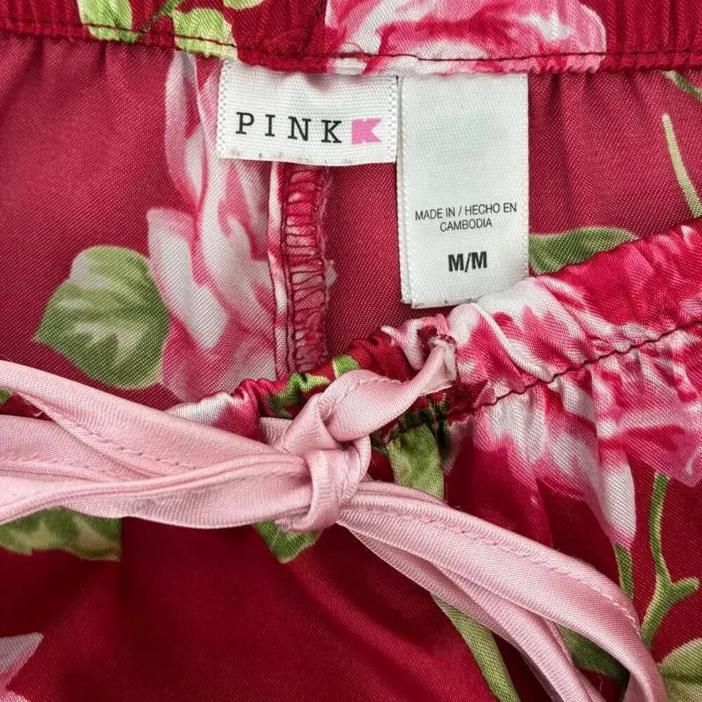 PINK Red Pink Roses Floral Print Satin Silky Long Sleeve Pants Pajama Set